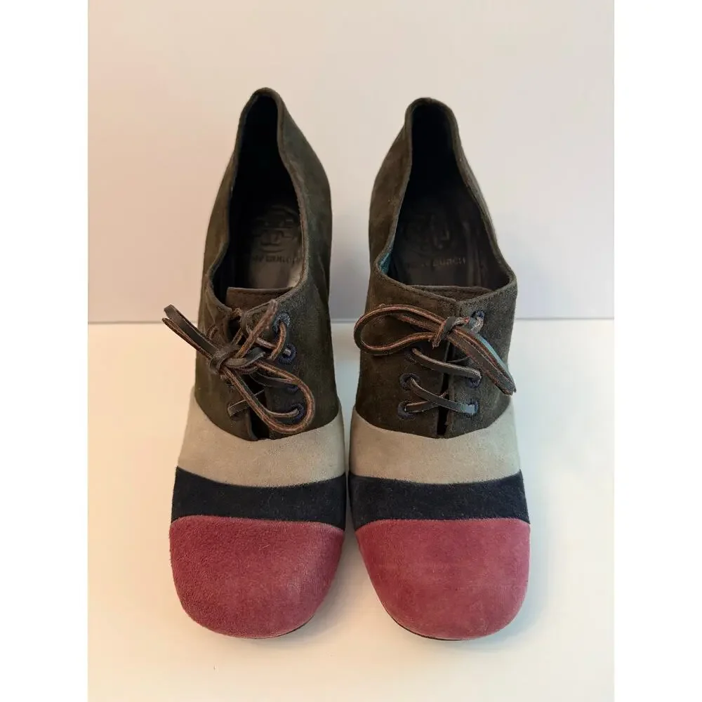 Tory Burch Stella Oxford Pumps Size 8.5 Color Block Suede Chunky Heel Lace Up